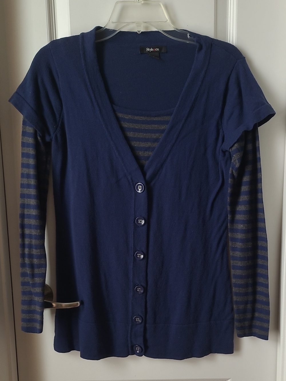 Style & Co. Navy Layered-Look Button Cardigan with Striped Sleeves